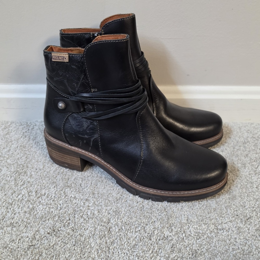 Pikolinos San Sebastian Womens Ankle Boots Black Leather Side Zip Size 39 US 8.5